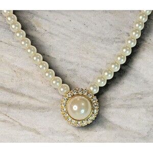 Vintage Faux Pearl Bead Necklace w Round Pearl Pendant w Rhinestones 18" Bridal